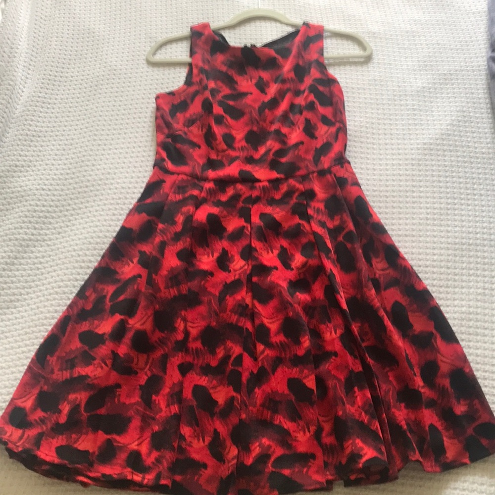 Fit and flare red and black pattern dress
